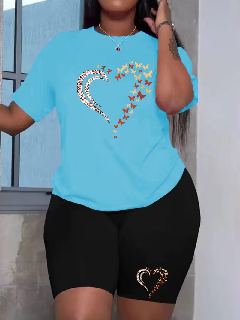 Plus Size ladies summer butterfly fragments love print T-shirt two-piece set