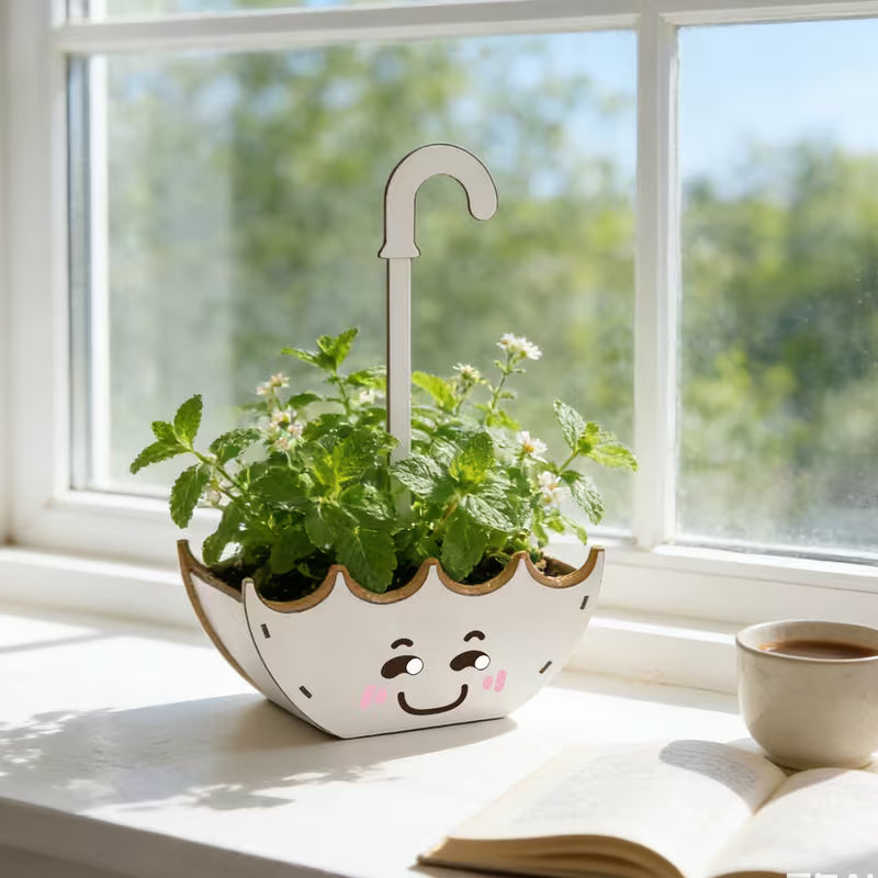 Cute Wooden Umbrella Shaped Smiling Face Flower Pot