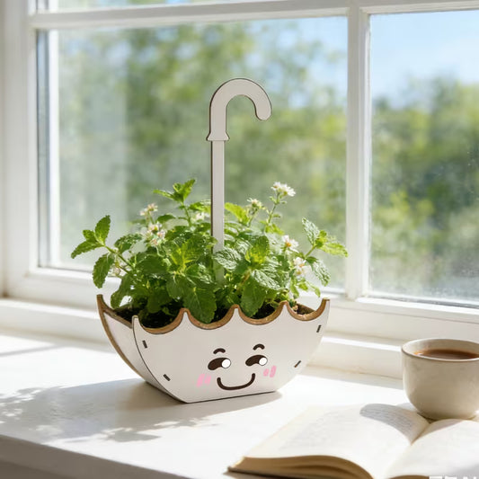 Cute Wooden Umbrella Shaped Smiling Face Flower Pot