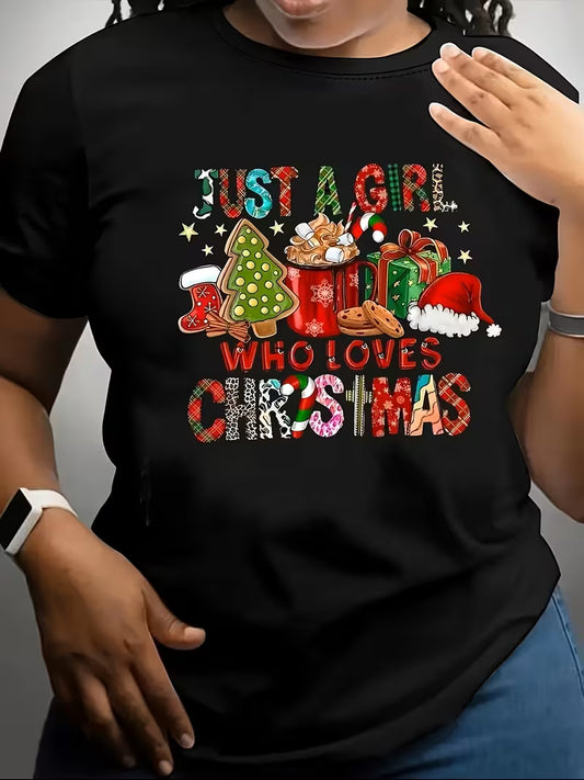 Women's Christmas T-Shirt with Hot Cocoa, Santa Hat & Tree Print