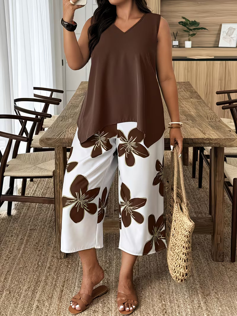 Plus Size 2pcs Sleeveless Casual Floral Print Holiday Set
