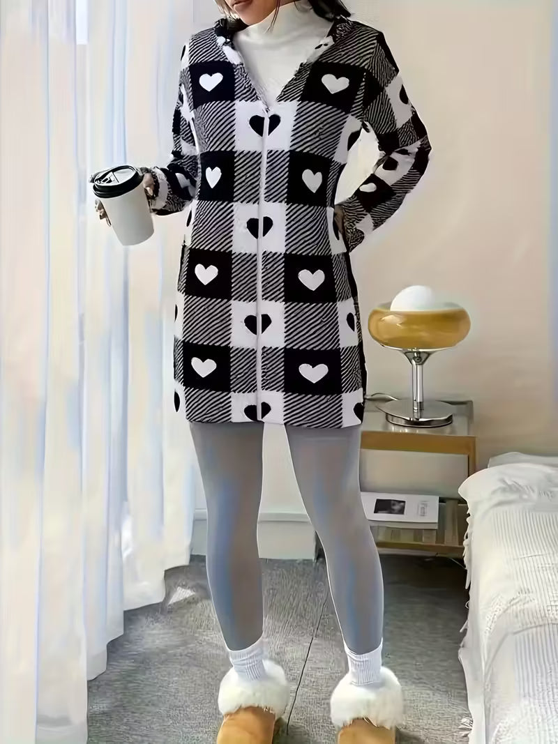 Plaid Patterned Reversible Plush Hooded Zip-Up Cardigan