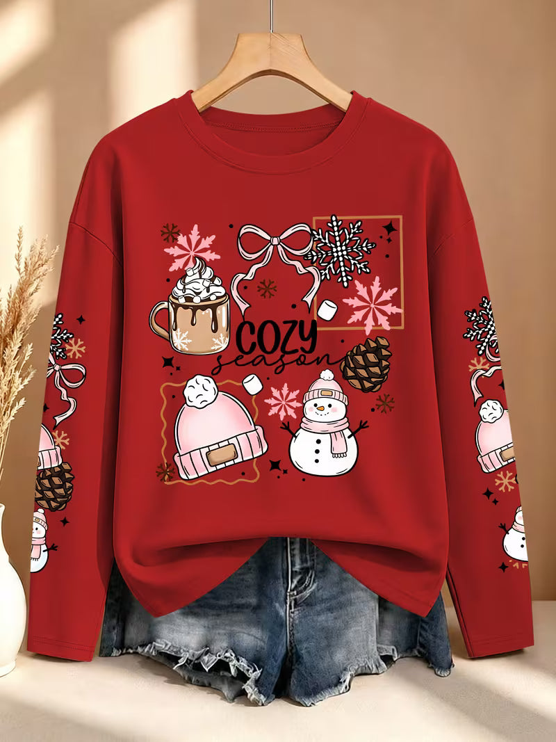 Plus Size Women'S Hot Cocoa Snowflake Snowman Pinecone Multi-Sleeve Printed Long Sleeve Top