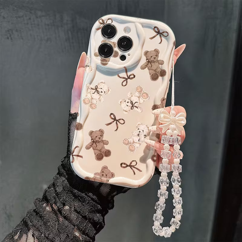 2D Cute Vintage Teddy Bear Bow Print Pattern Design Wavy Border Phone Case