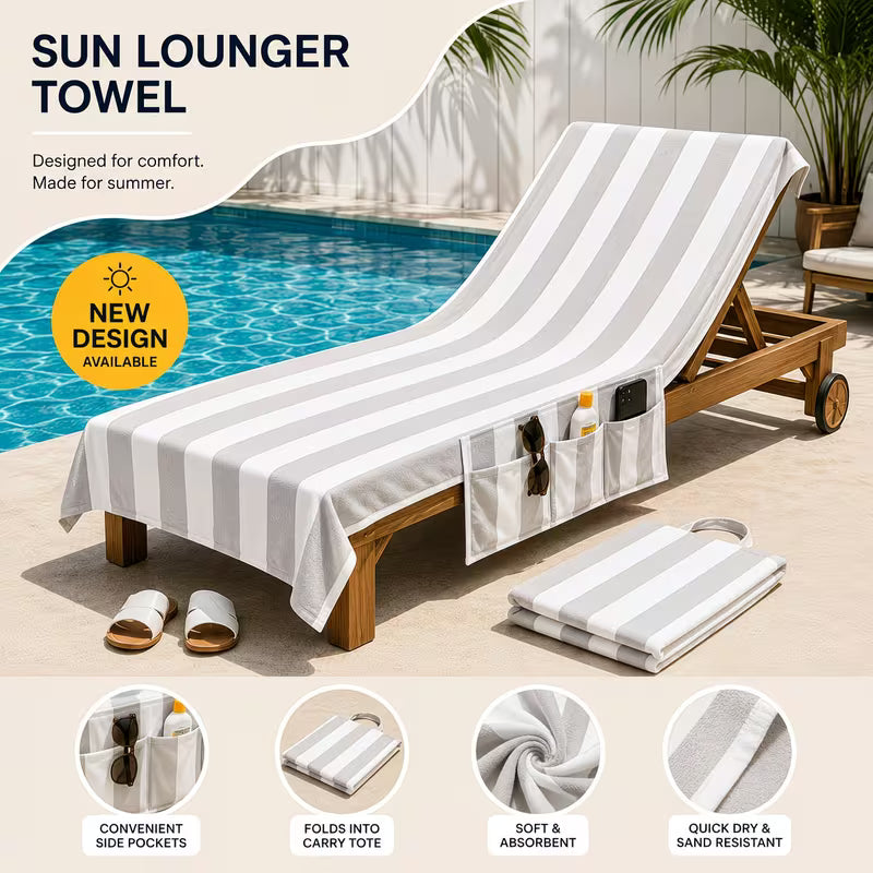 Stylish Sun Lounger Towel with Pockets and Carry Bag