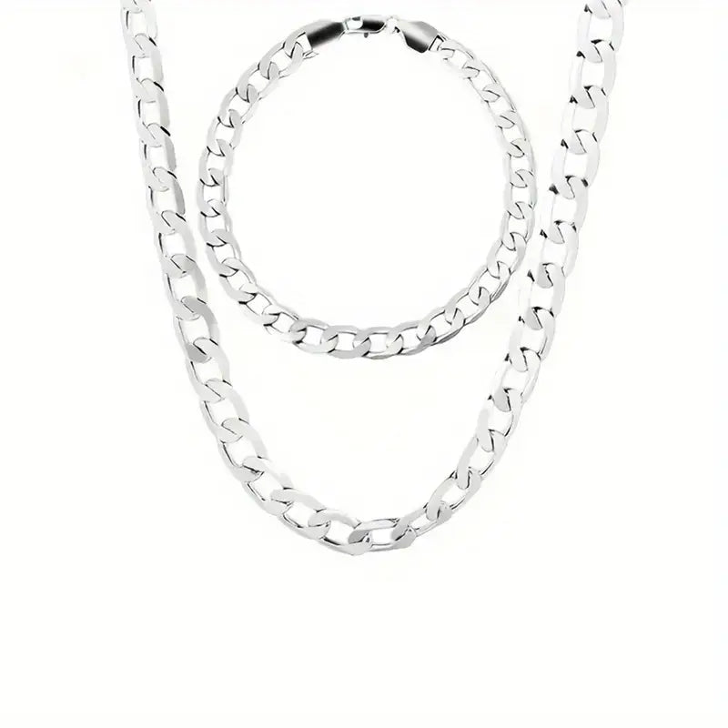 925 Sterling Silver 9mm Cuban Chain Necklace and Bracelet Set