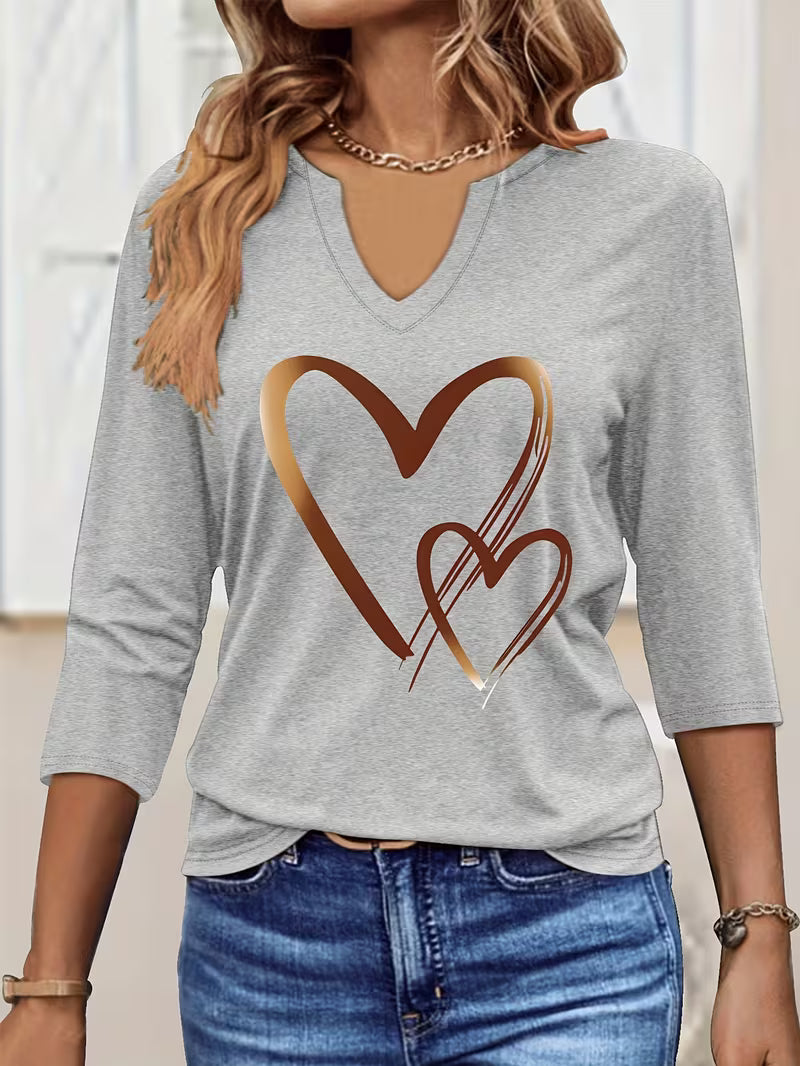 Women's Casual V-Neck Three-Quarter Sleeve T-Shirt with Heart Graphic Print