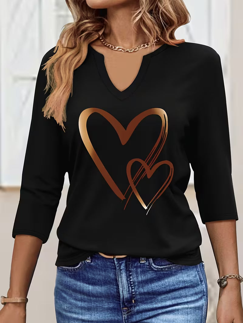 Women's Casual V-Neck Three-Quarter Sleeve T-Shirt with Heart Graphic Print