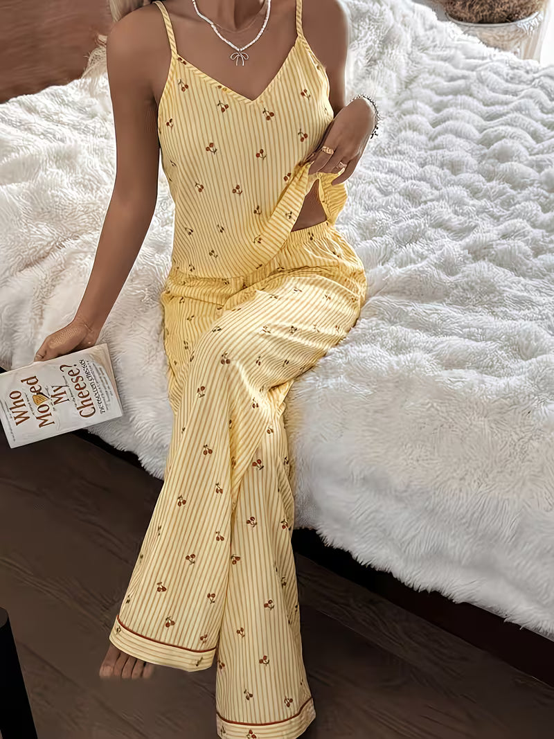 Summer Women'S Small Cherry Print Thin Summer Cami Pajamas Set