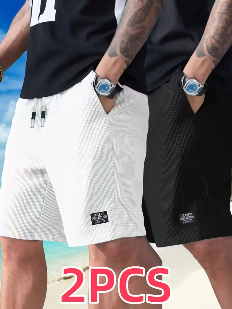 2pcs Men'S Lightweight Polyester Casual Shorts with Drawstring Waist