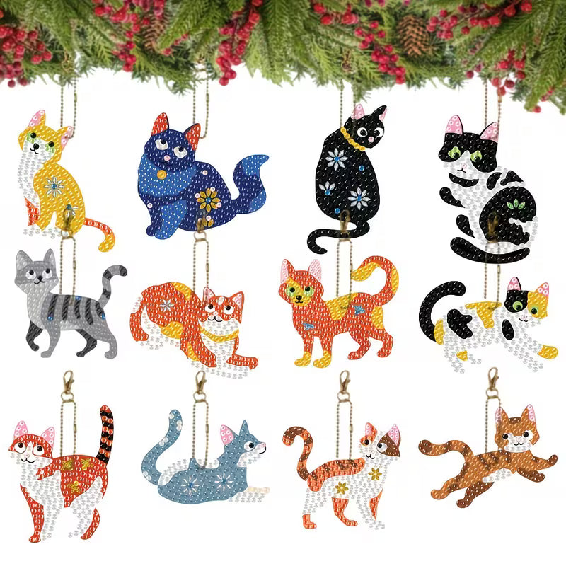 12pcs Cat DIY Diamond Painting Keychain Ornament Set
