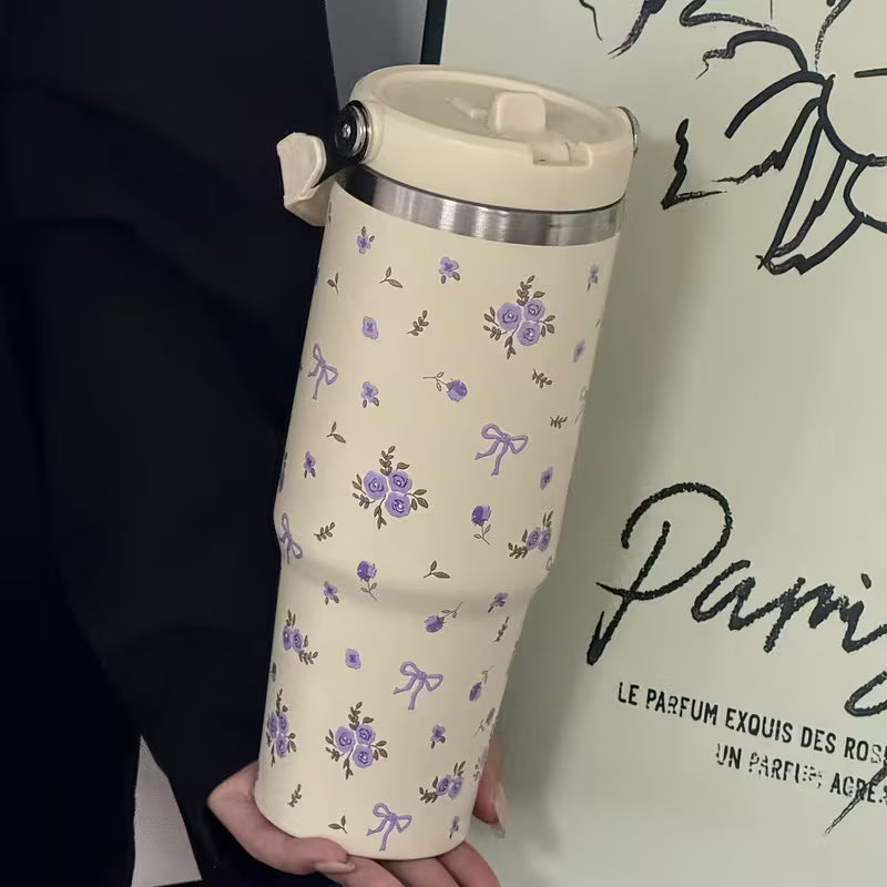 30Oz Floral Pattern Tumbler with Handle