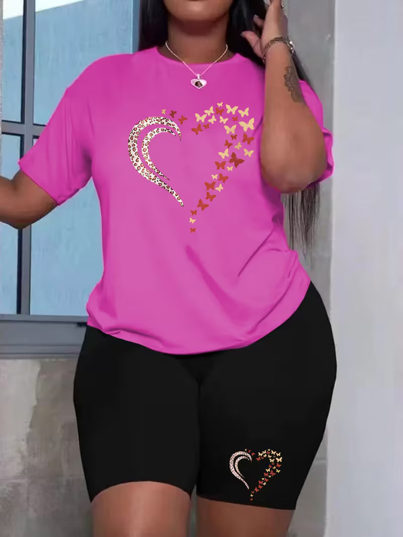 Plus Size ladies summer butterfly fragments love print T-shirt two-piece set