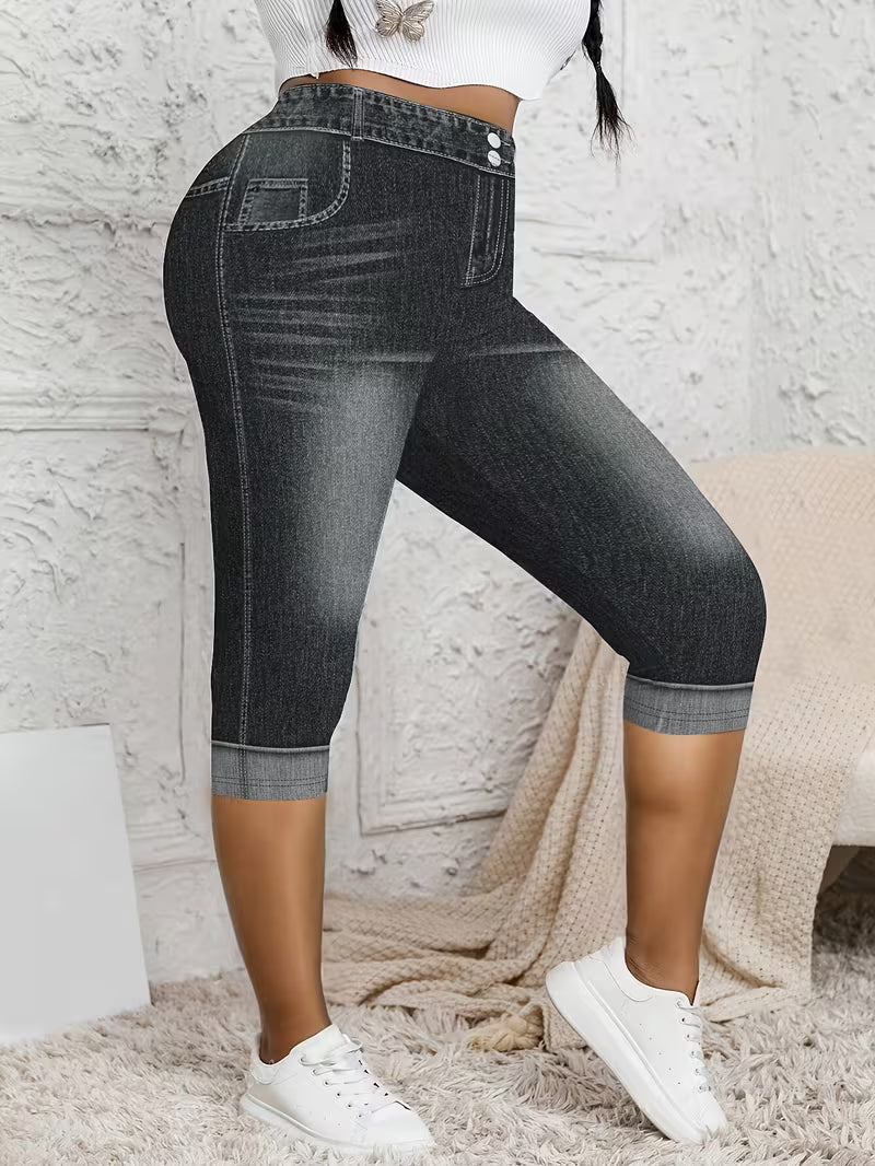 Women'S Plus Size High-Waist Faux Denim Capri Pants