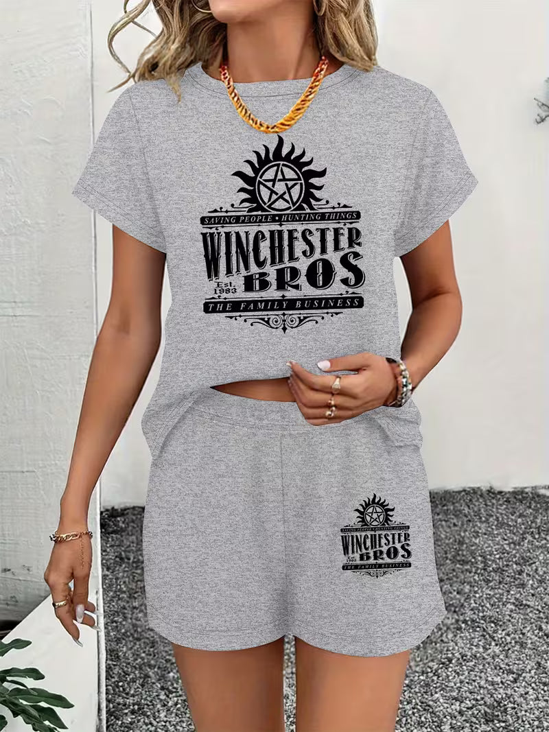Women'S Spring And Summer Short Curved Hem T-Shirt And Shorts Set