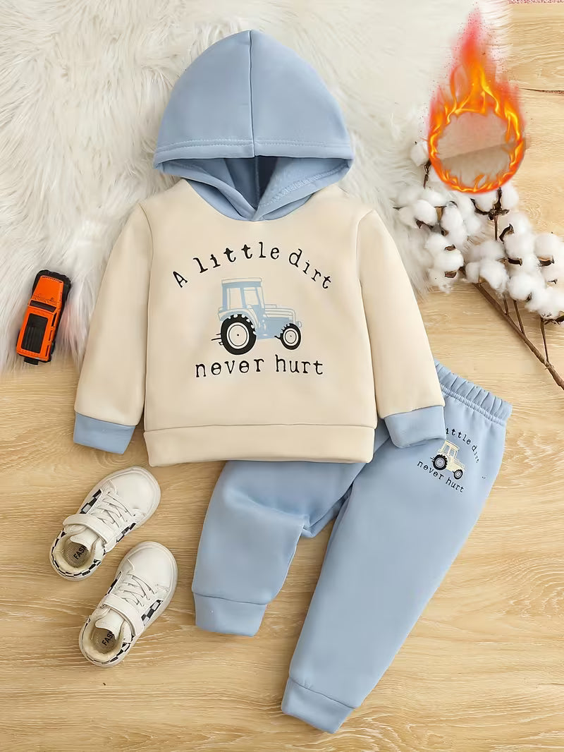 2pcs Boys' Winter Sweater & Pants Set with Car Print