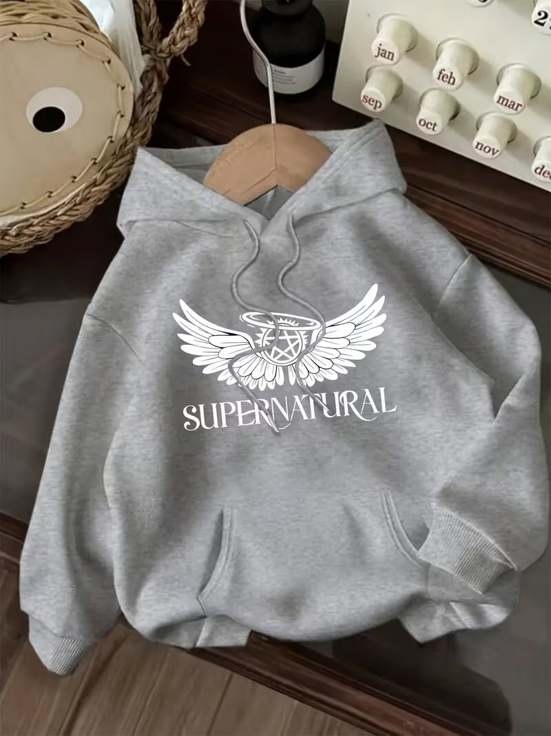 Women'S Casual Hoodie with Angel Wings & "SUPERNATURAL" Print