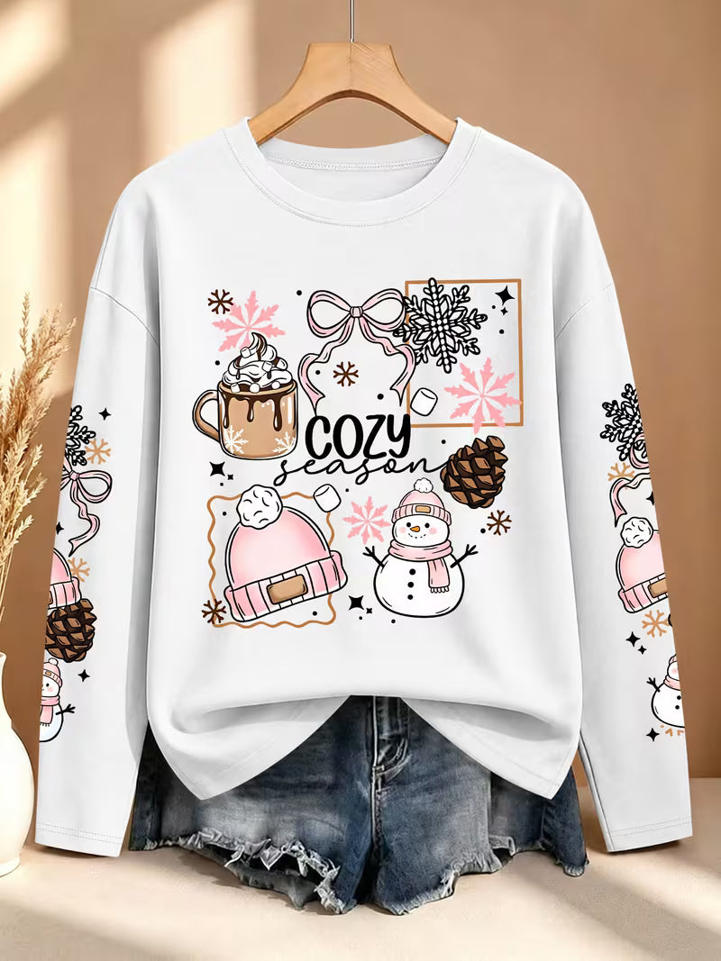 Plus Size Women'S Hot Cocoa Snowflake Snowman Pinecone Multi-Sleeve Printed Long Sleeve Top