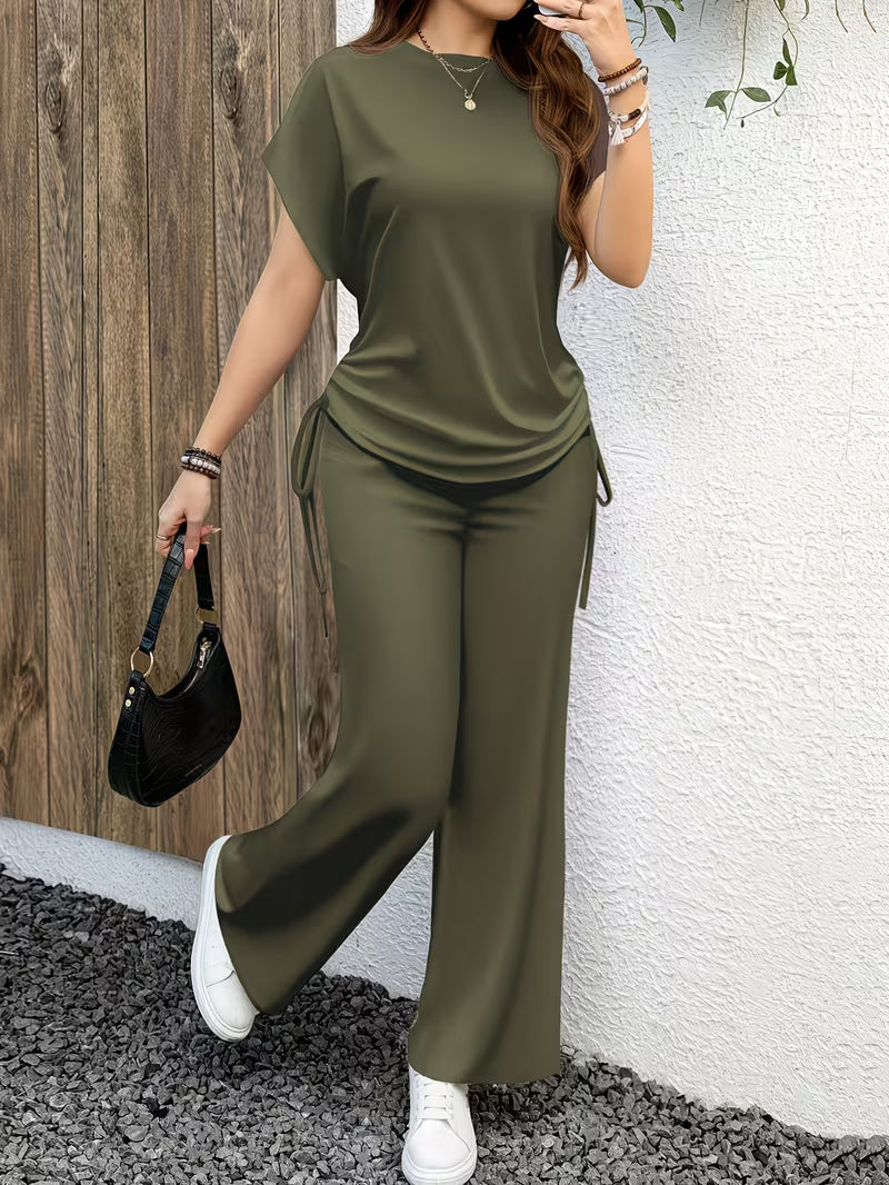 Solid Color Casual Drawstring Pleated Two-Piece Set