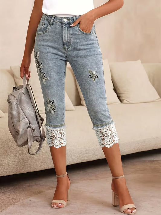 Women'S High-Waisted Embroidered Lace-Trimmed Slim-Fit Denim Pants