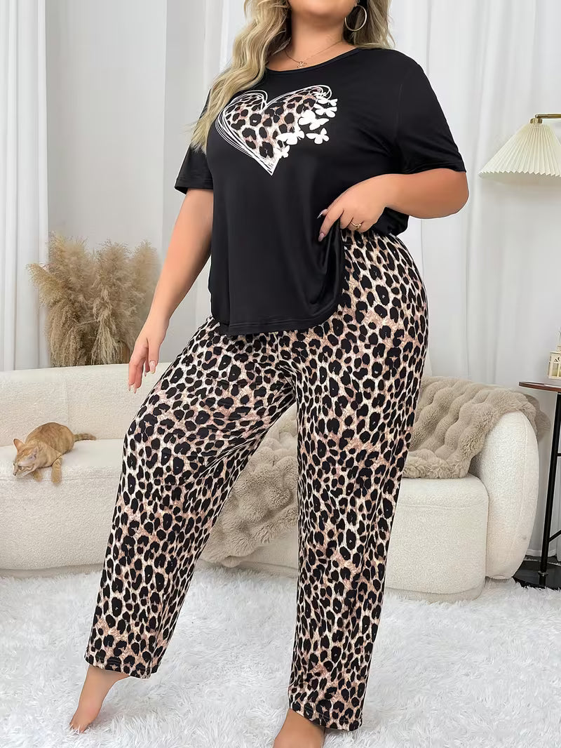 Women'S Pajama Set with Leopard Print And Heart Pattern