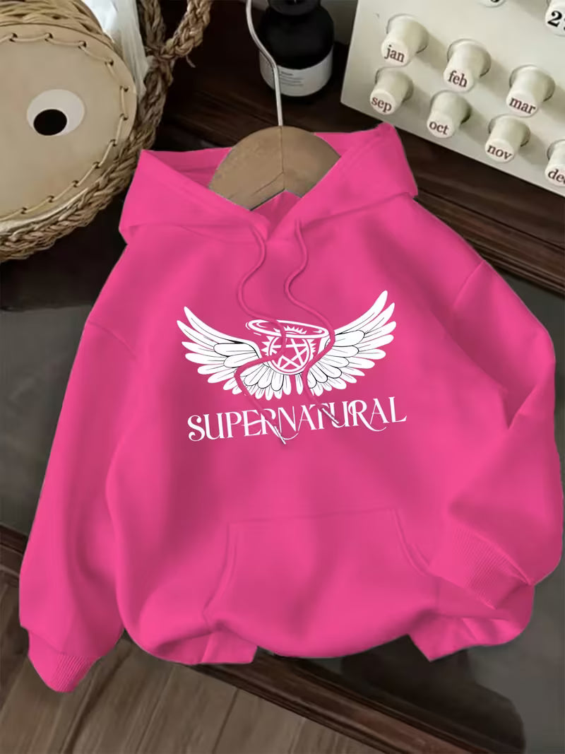 Women'S Casual Hoodie with Angel Wings & "SUPERNATURAL" Print