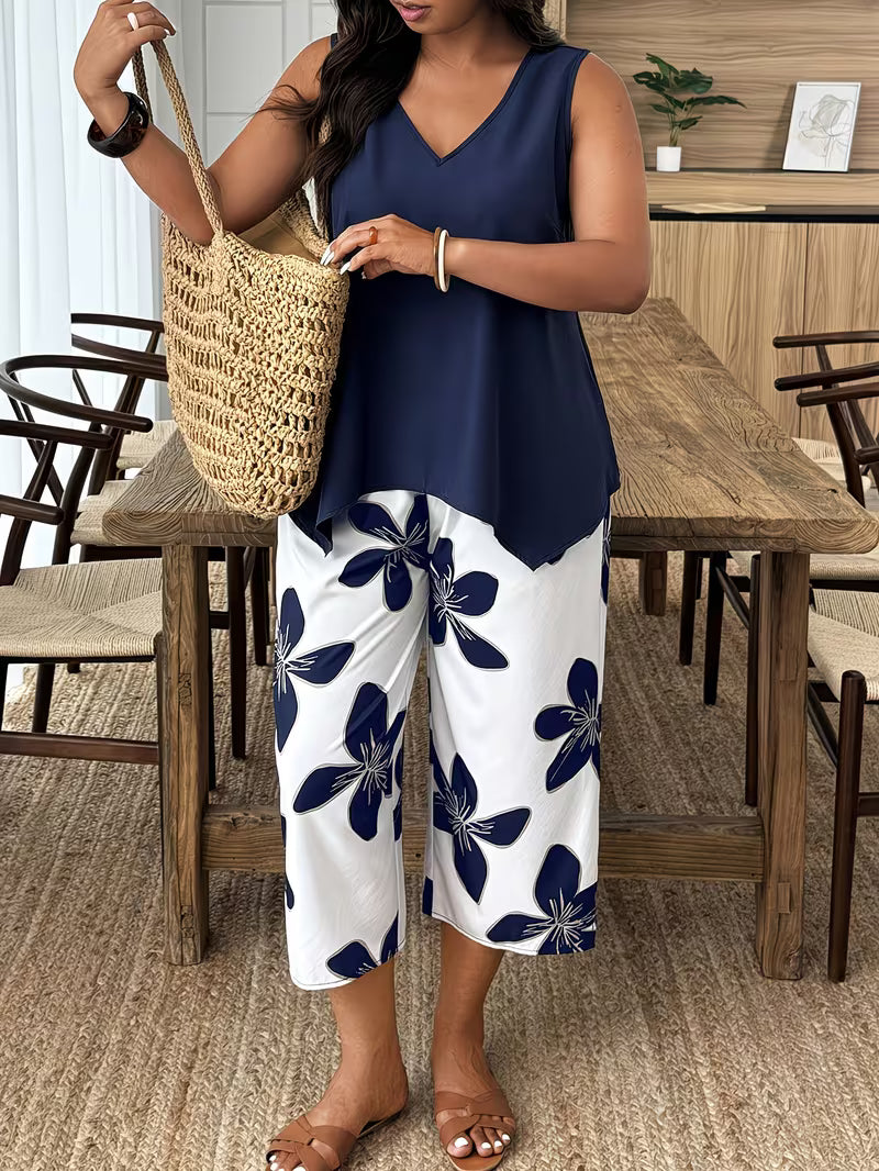 Plus Size 2pcs Sleeveless Casual Floral Print Holiday Set