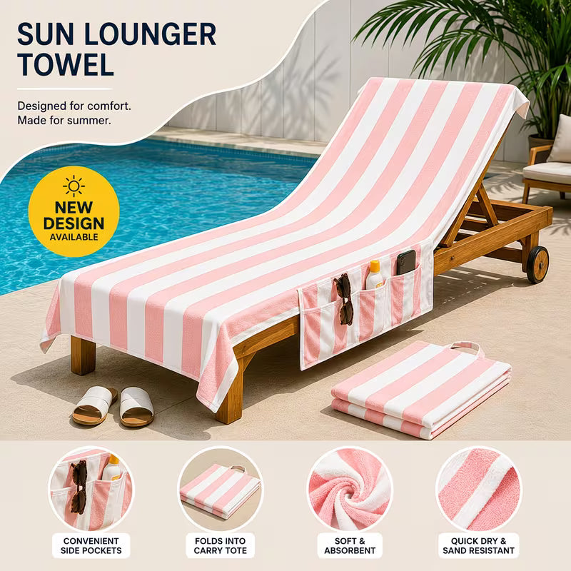 Stylish Sun Lounger Towel with Pockets and Carry Bag