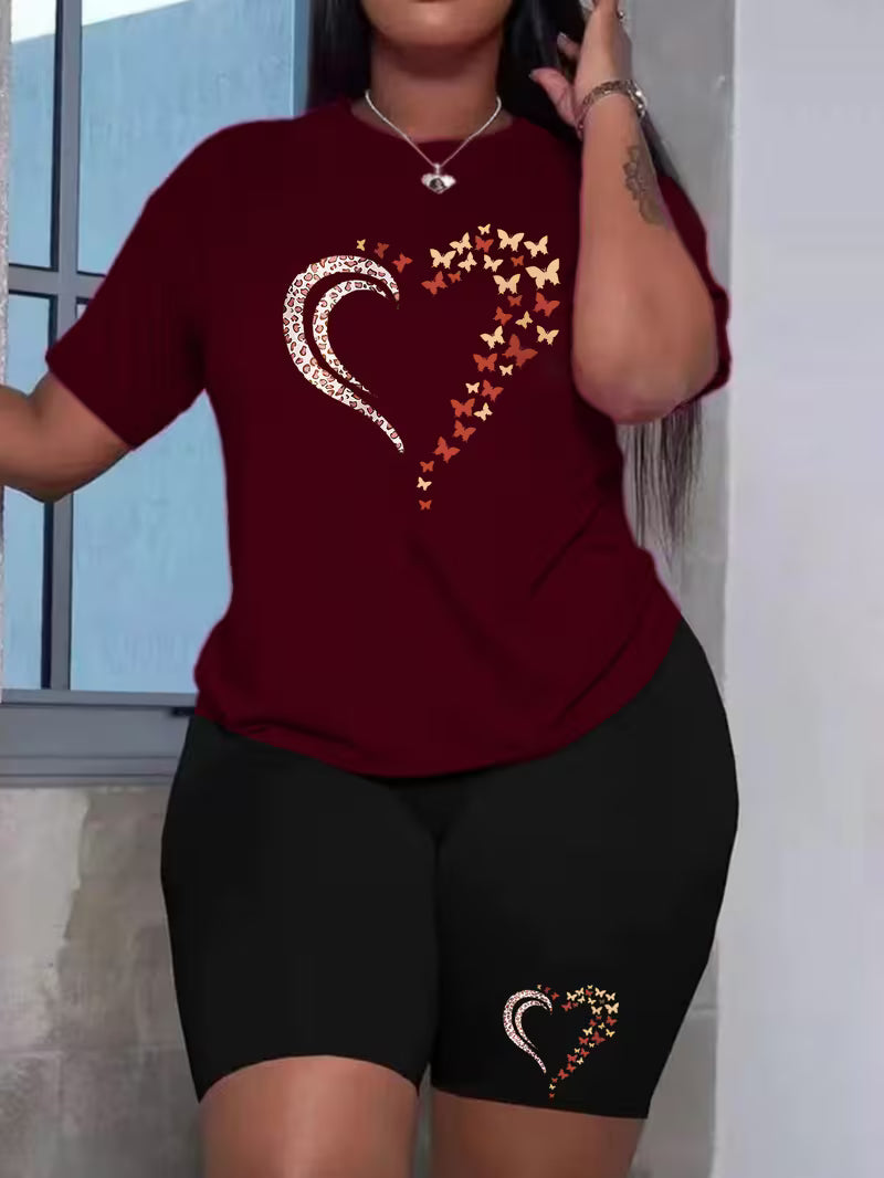 Plus Size ladies summer butterfly fragments love print T-shirt two-piece set