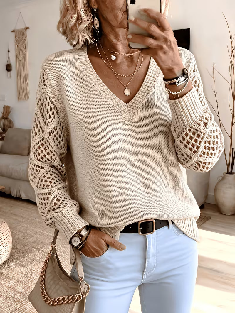 Plus Size Elegant Openwork V-Neck Knitwear