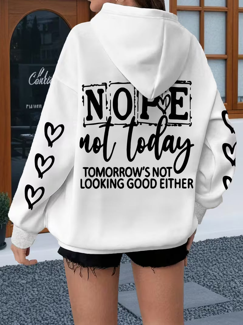 Women's Plus Size Oversized Hoodie with Bold "NOPE Not Today" Letter Print & Heart Design