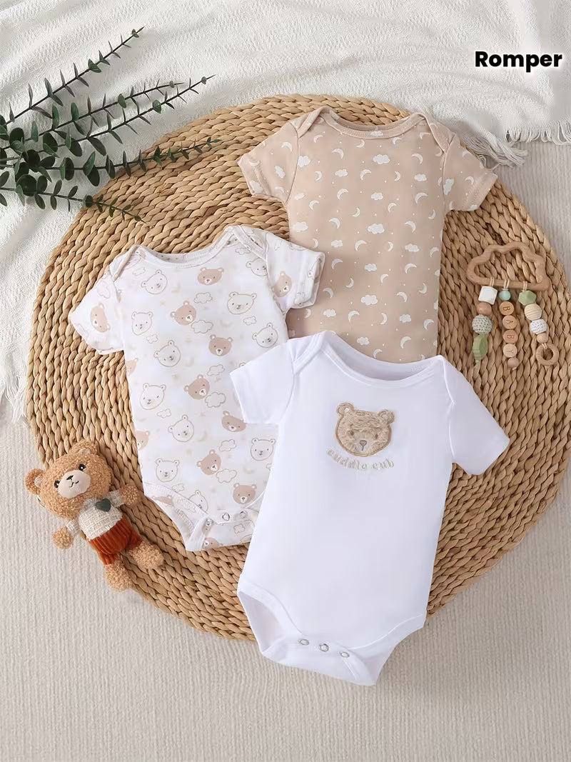 3pcs Newborn Baby Bear Embroidered Romper