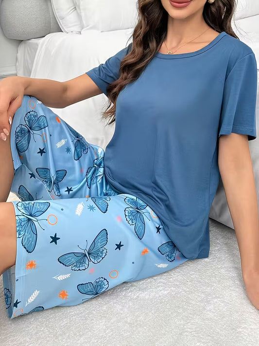 Women's Casual Solid Color Butterfly-Themed Four-Season Pajama Set