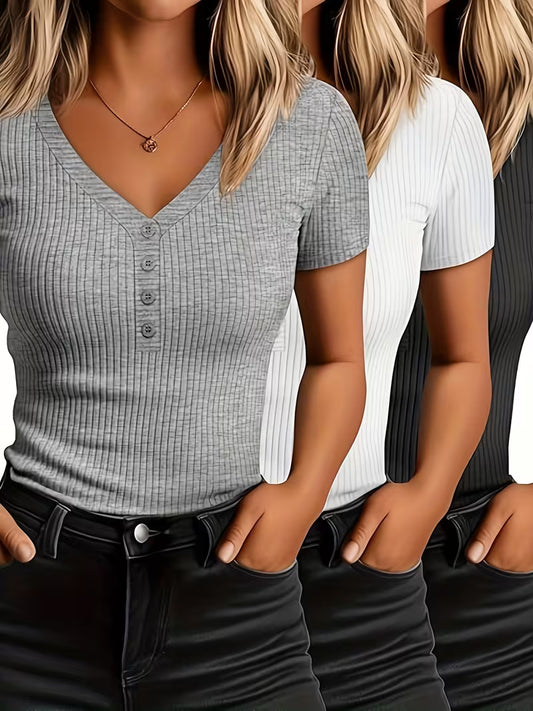 3pcs Women's Ribbed Button T-Shirts