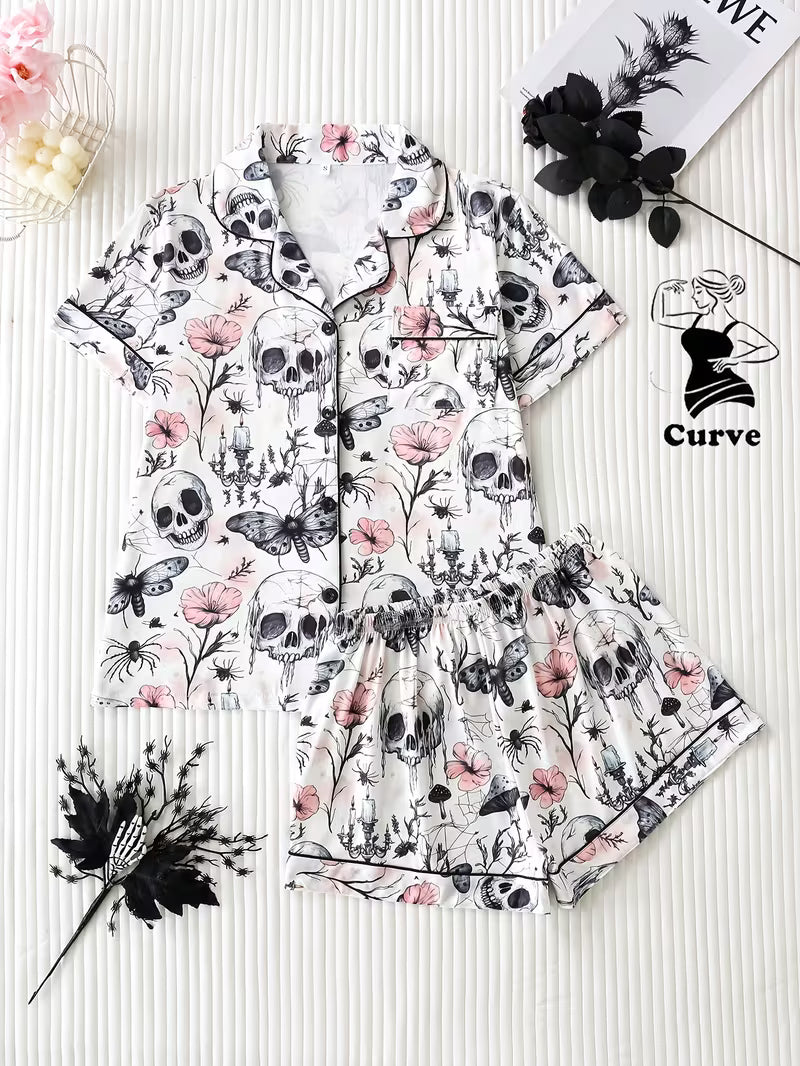 Plus Size Women'S Skull Butterfly Floral Print Short Sleeve Pajama Set