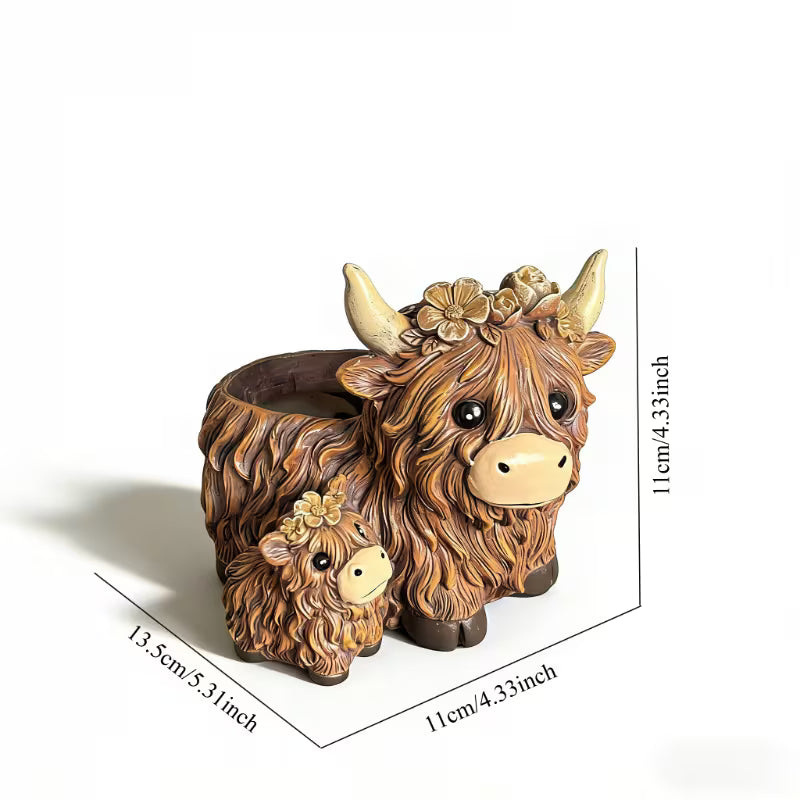 Cute Highland Cow Mother And Baby Resin Planter
