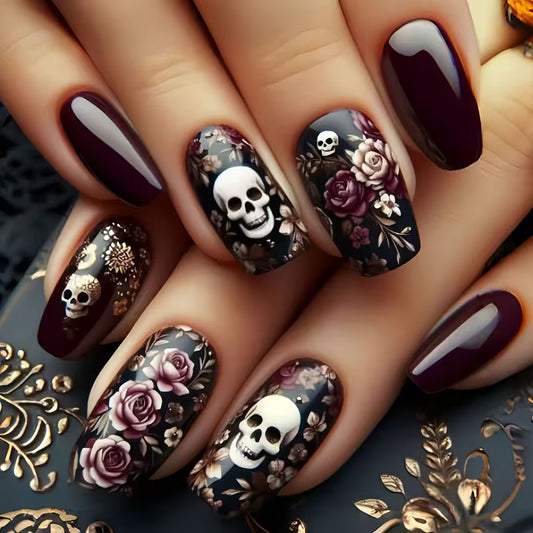 Black Ballet-Style Rose Skull Pattern Press On Nails