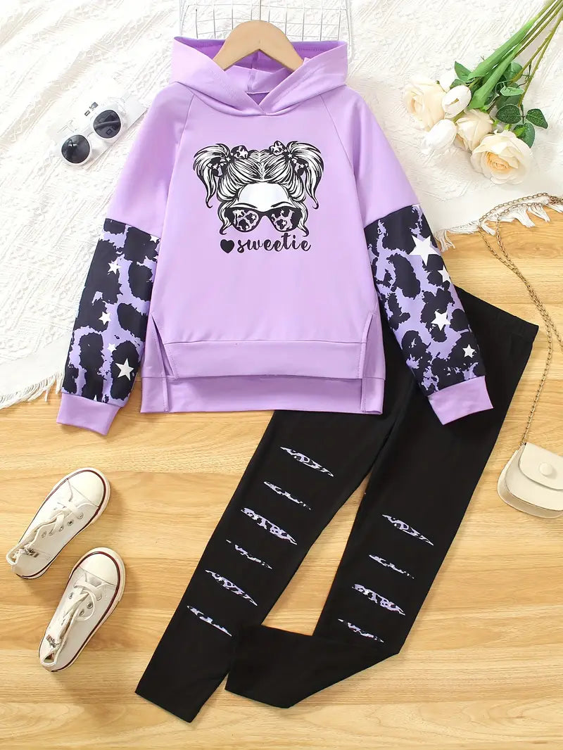 Casual Character Print Hooded Long Sleeve Jacket and Random Ankle-Length Pants