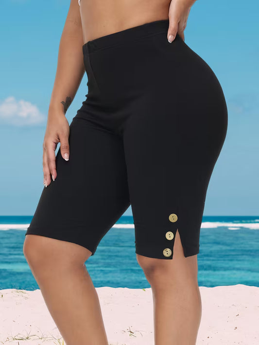 Plus-Size Women'S Shorts with Coconut Wood Grain Button Decoration