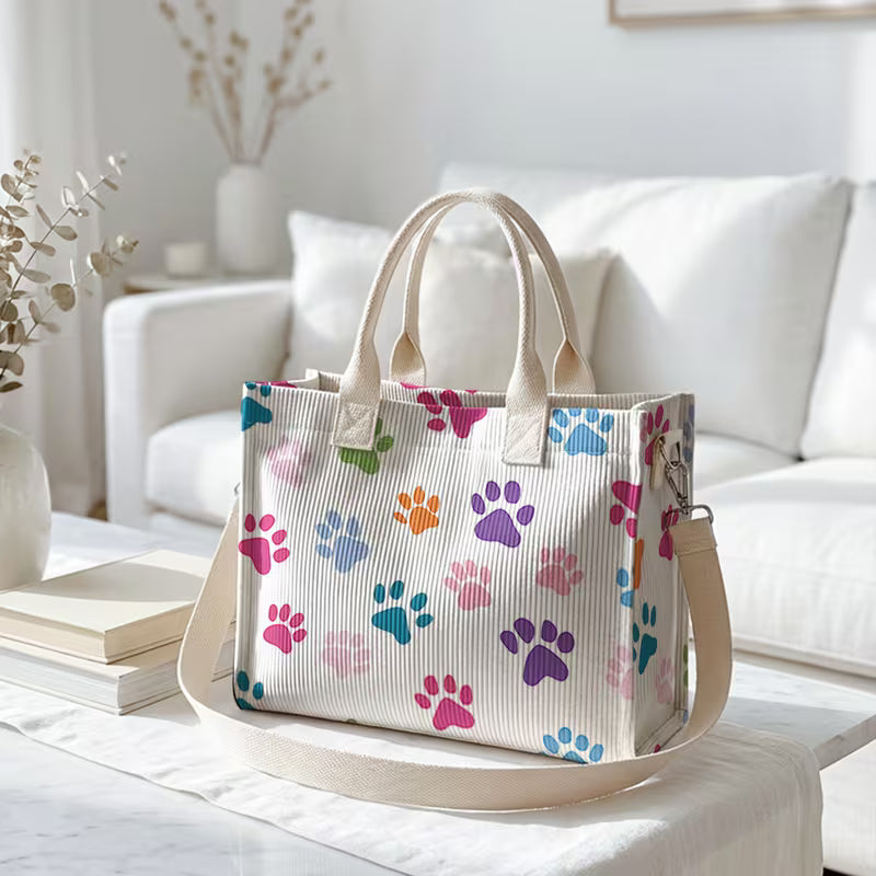 Printed Corduroy Tote Bag with Colorful Paw Print Patterns