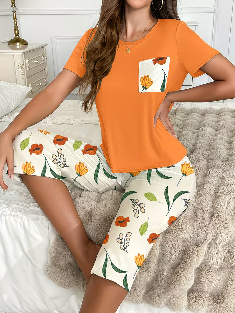 Comfortable Floral Print Short Sleeve Long Pants Loungewear Set