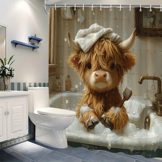 Highland Cow Cub in a Bathtub Shower Curtain