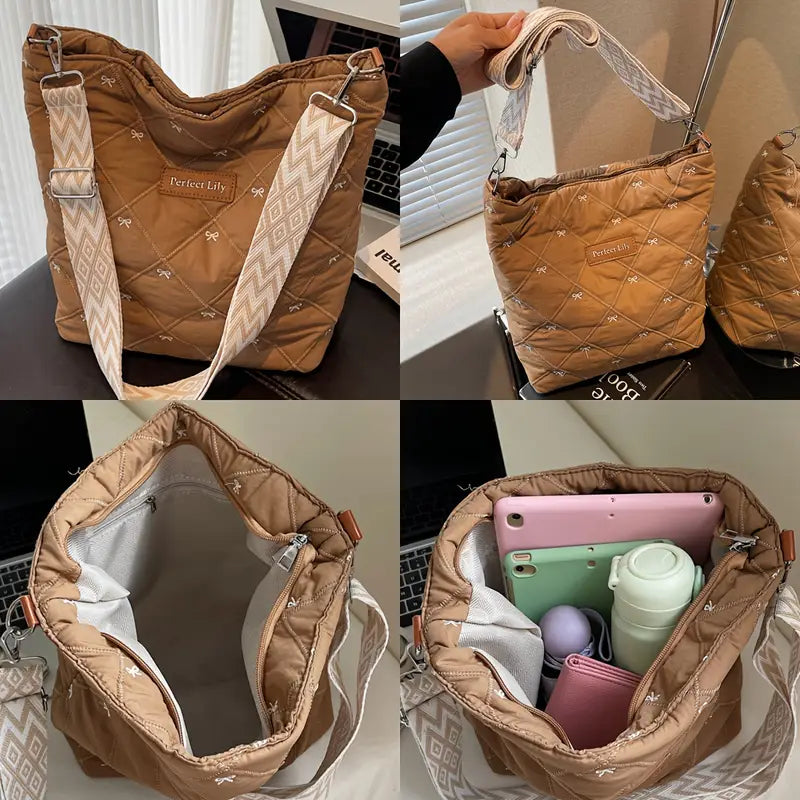 Women'S Bohemian Quilted Tote Bag with Adjustable Strap