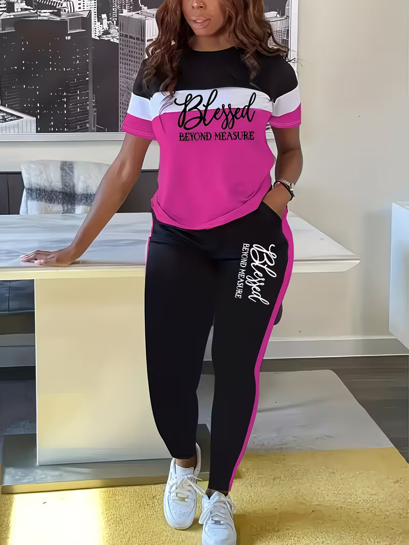 Women's 2pcs Set-Casual Color-Block "Blessed" Pattern T-Shirt And Pants