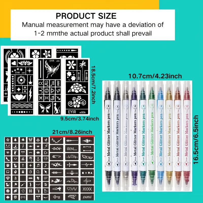 10 Temporary Metallic Dual-Ended Tattoo Pens + Multiple Template Set