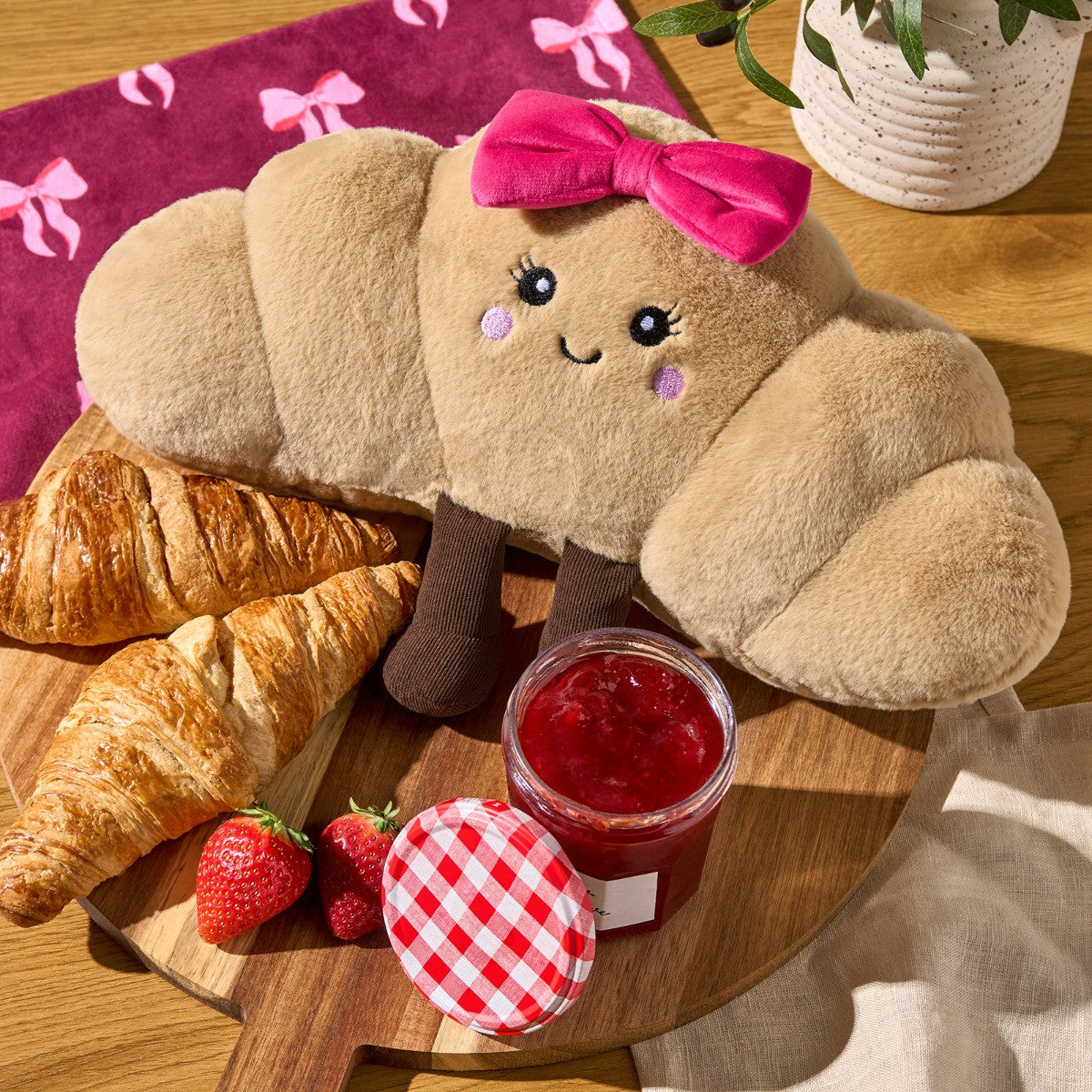 Chloe The Bow Croissant Cushion - Natural/Hot Pink
