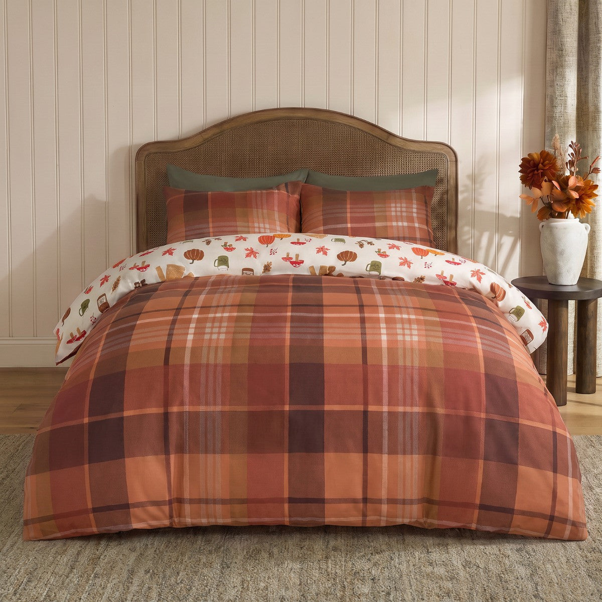Autumnal Novelty Checked Reversible Duvet Cover Set, Cream/Rust