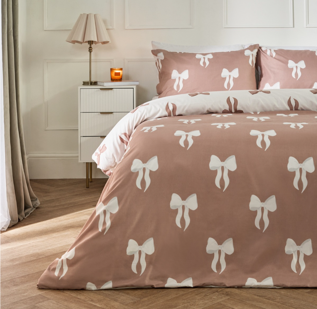 Reversible Bow Print Duvet Set Ivory/Natural