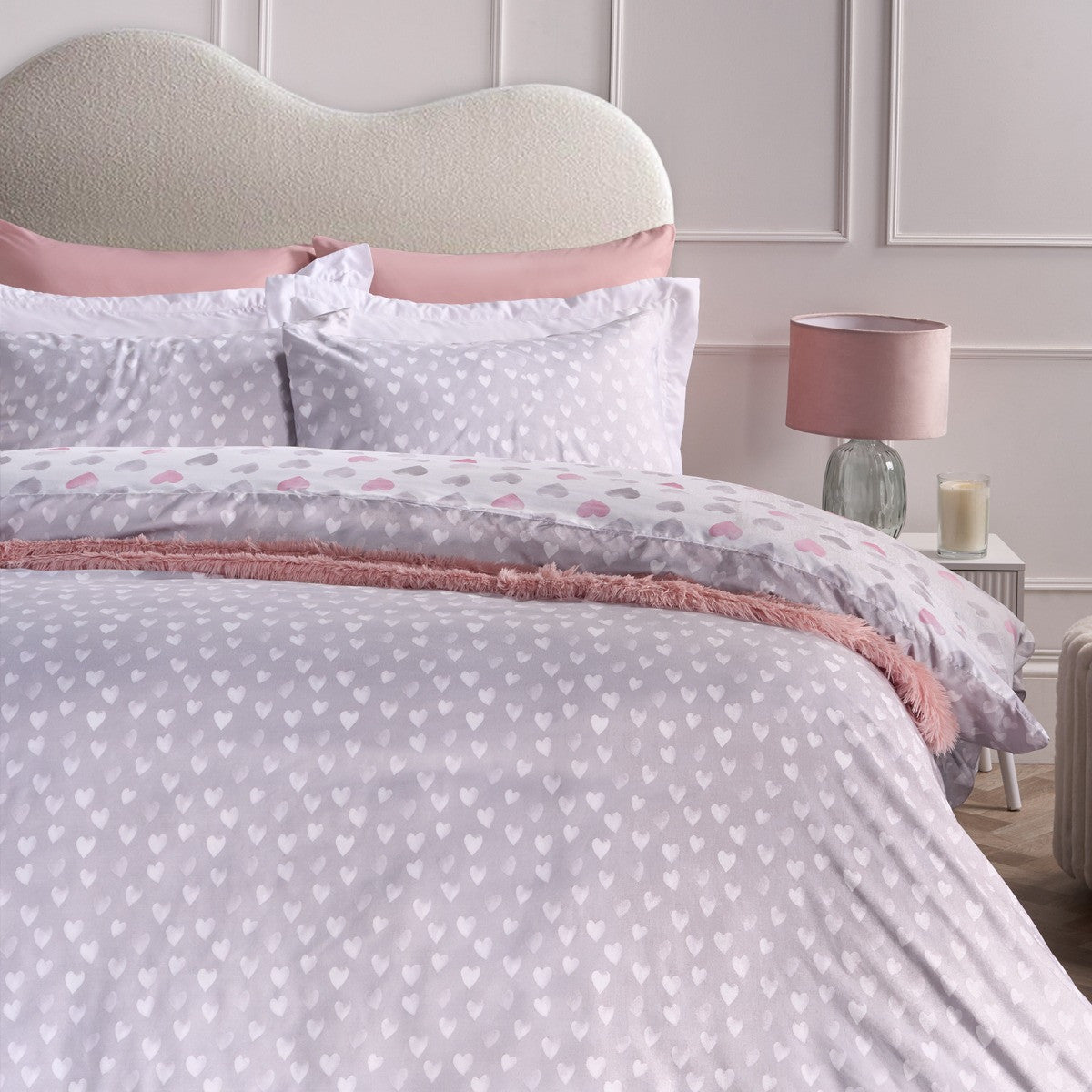 Heart Print Reversible Watercolour Duvet Cover Set - Pink/Grey
