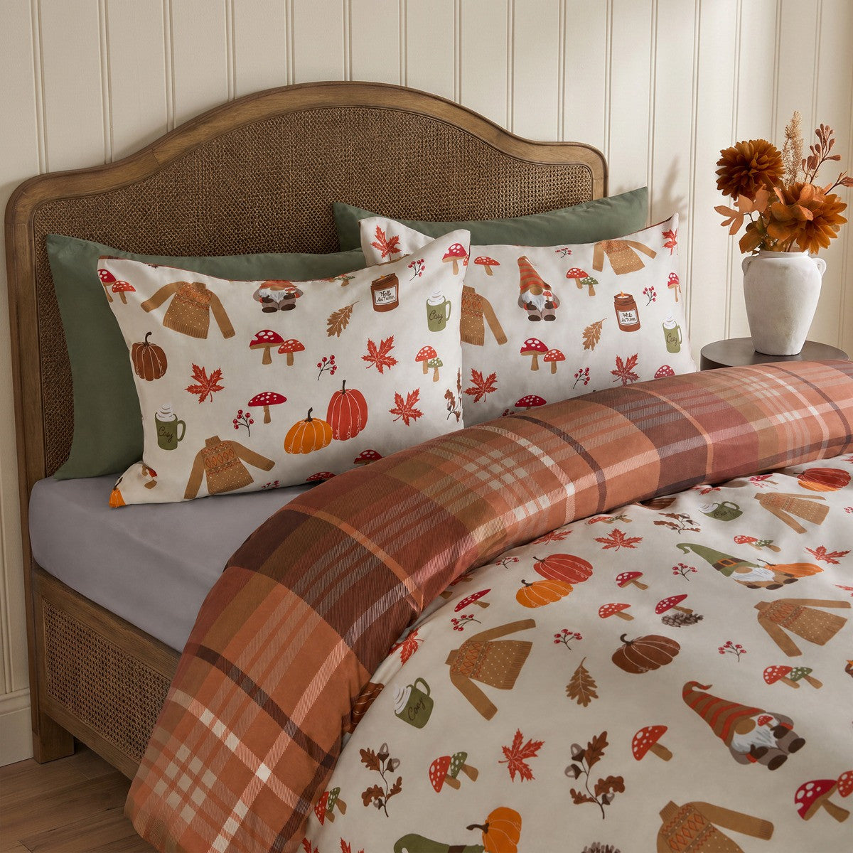 Autumnal Novelty Checked Reversible Duvet Cover Set, Cream/Rust